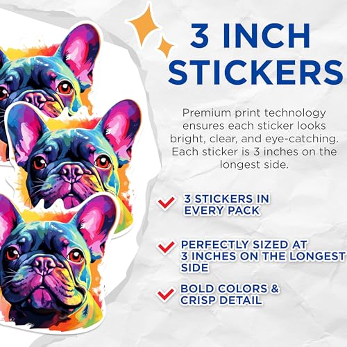 (3 Pack) French Bulldog Decals - Colorful Dog Art - Laptop Decals - 3 Inches On Longest Side - Easy Peel & Apply - Made in USA - 3MCS0733
