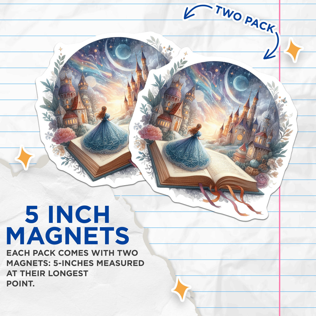 (2 Pack) Princess Storybook Magnets - Fairytale Castle Decor - Whimsical Book Lover Fridge Magnet - 5 Inches On Longest Side - Thick Durable Magnet - Made in USA - MAG38692