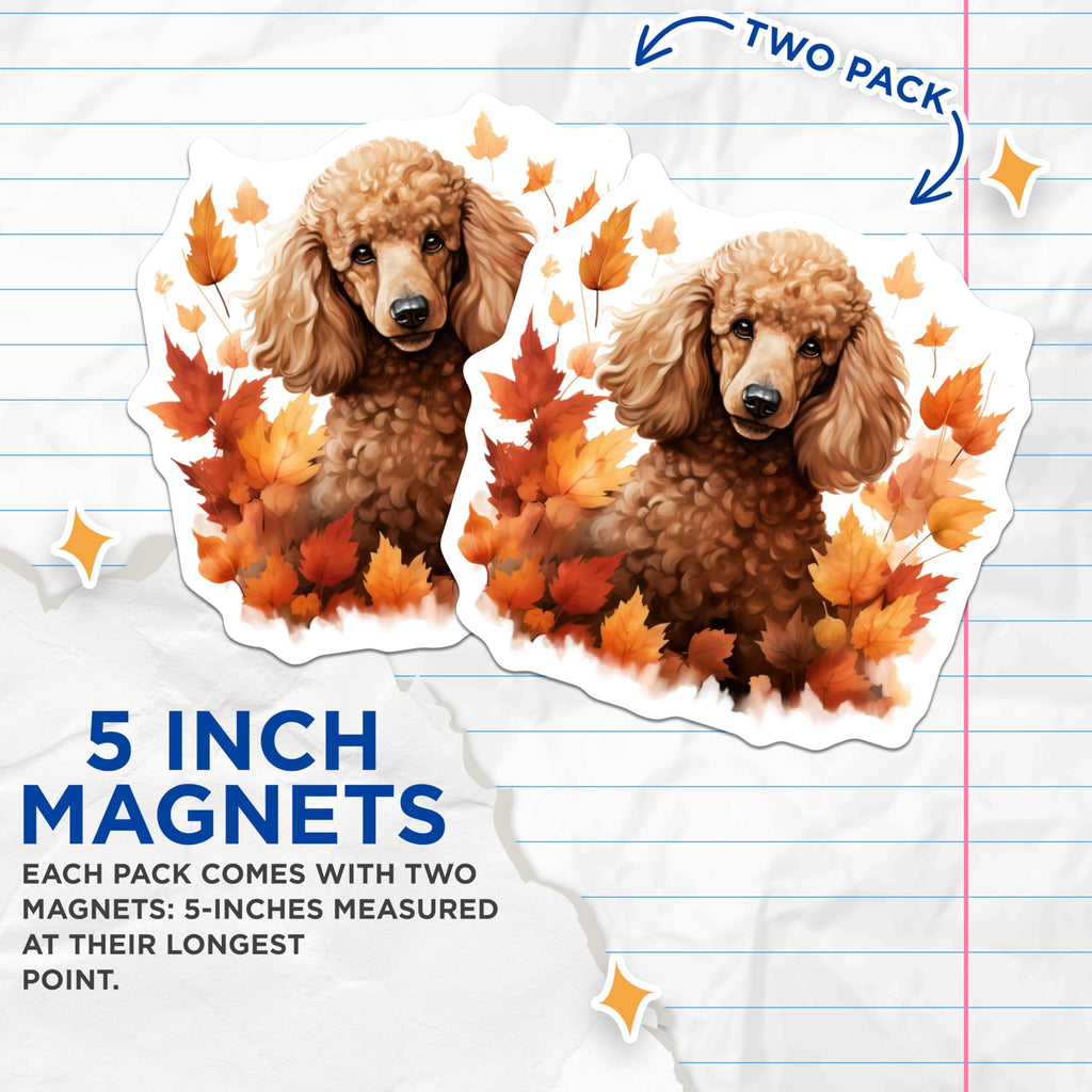 (2 Pack) Red Poodle Magnets - Autumn Dog Lover Decor - Fall Leaves Pet Parent Accessories - 5 Inches On Longest Side - Thick Durable Magnet - Made in USA - MAG29598