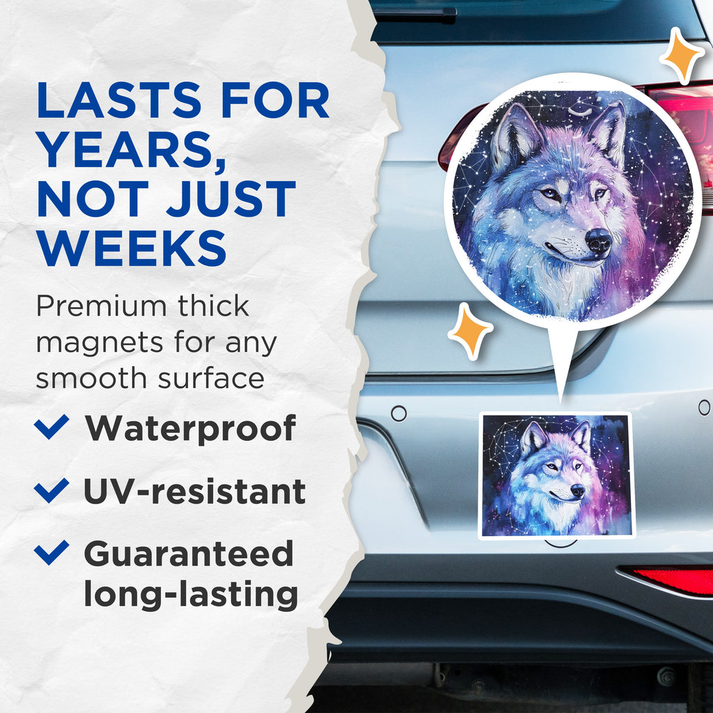 (2 Pack) Cosmic Wolf Magnets - Celestial Animal Art - Starry Night Decor - 5 Inches On Longest Side - Thick Durable Magnet - Made in USA - MAG39779