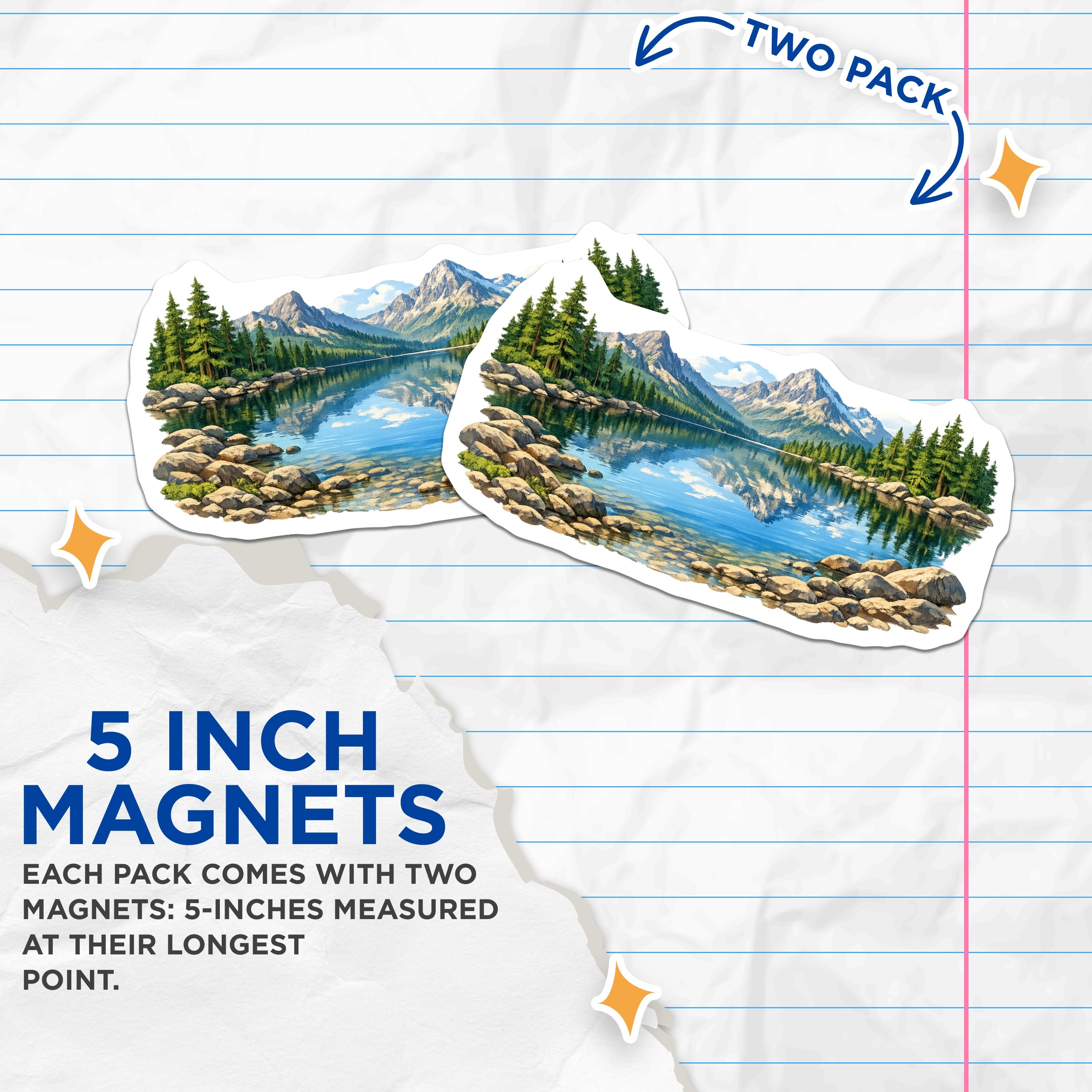 (2 Pack) Scenic Mountain Lake Magnets - Nature Landscape Art - Wilderness Decor - Peaceful View - 5 Inches On Longest Side - Thick Durable Magnet - Made in USA - MAG39192