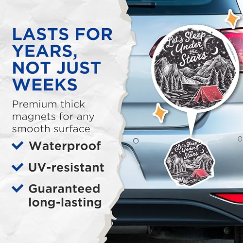 (2 Pack) Let's Sleep Under The Stars Magnets - Camping Tent Magnets - Outdoor Adventure Magnets - Nature Lover Magnets - 5" On Longest Side - for Cars, Fridges, Toolboxes - Made in USA - MAG4067
