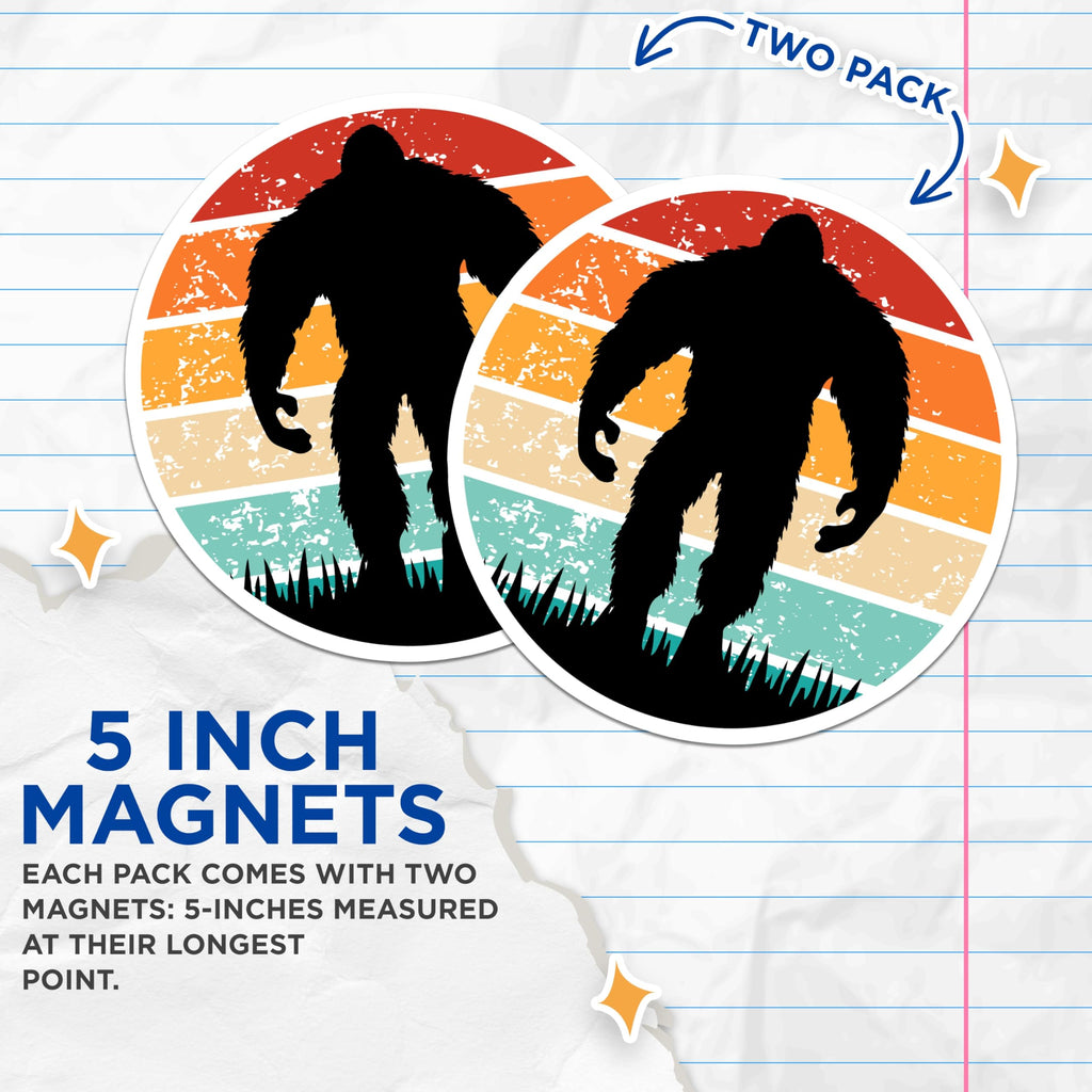 (2 Pack) Bigfoot Magnets - Sasquatch Retro Sunset Art - Cryptid Forest Folklore Decor - Mythical Creature Adventure Scene - 5 Inches On Longest Side - Thick Durable Magnet - Made in USA - MAG20156