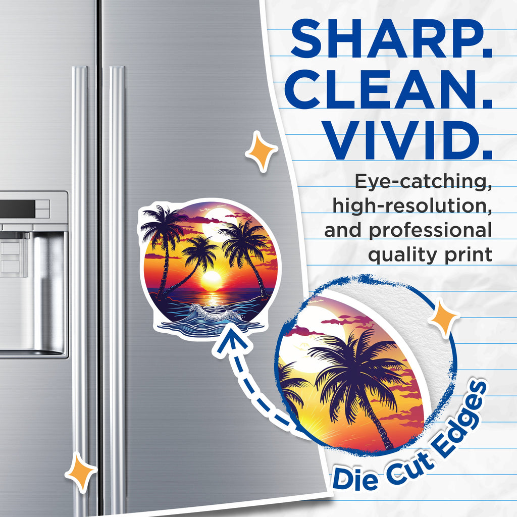 (2 Pack) Vibrant Tropical Sunset Refrigerator Magnets - Coastal Beach Wave Art - Palm Tree Scene Kitchen Decor - 5 Inches On Longest Side - Thick Durable Magnet - Made in USA - MAG37398