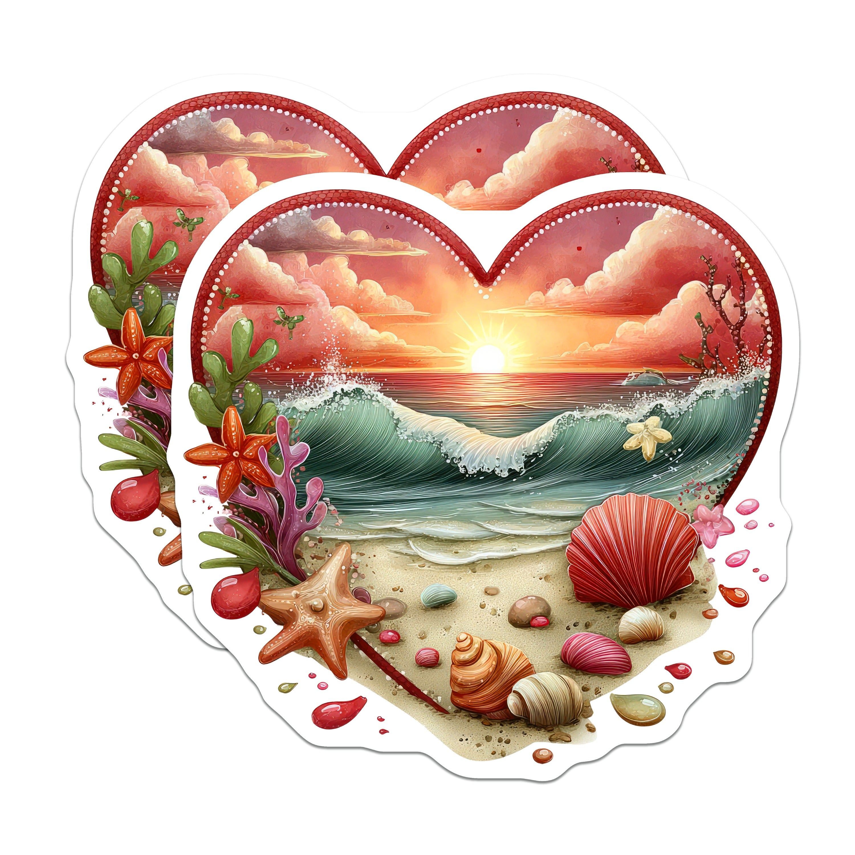 (2 Pack) Coastal Sunset Magnets - Ocean Beach Decor - Heart Shaped Seashell Starfish Magnet - 5 Inches On Longest Side - Thick Durable Magnet - Made in USA - MAG37713