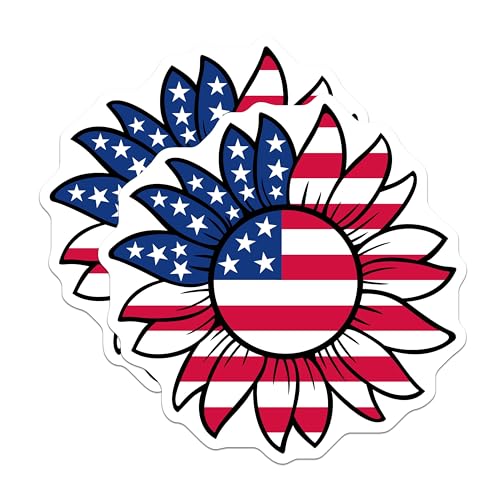 (2 Pack) American Flag Sunflower Stickers - Patriotic Flower - USA Floral Design - 5" On Longest Side - Sticks to Smooth Flat Surfaces - Made in USA - BMCS6317