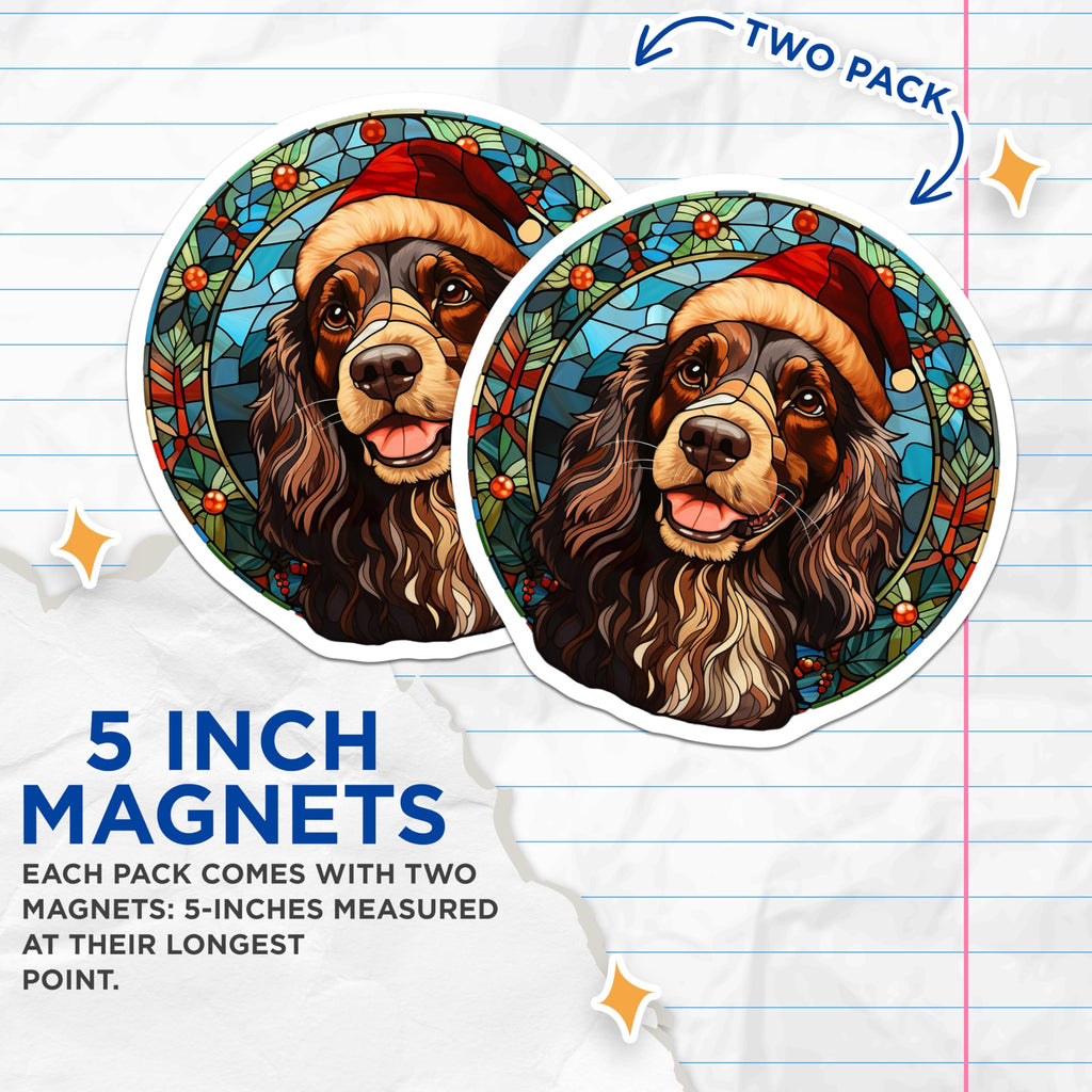 (2 Pack) Christmas Dog Magnets - Stained Glass Spaniel Art - Holiday Pet Decor - 5 Inches On Longest Side - Thick Durable Magnet - Made in USA - MAG29808