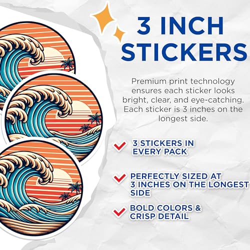(3 Pack) Retro Wave Decals - Sunset Beach - Surf Vibes - 3 Inches On Longest Side - Easy Peel & Apply - Made in USA - 3MCS7784