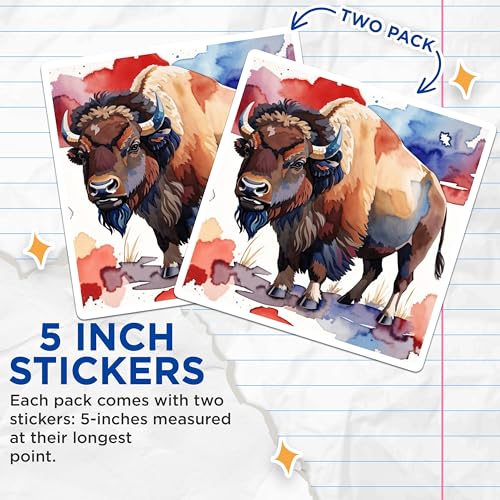 (2 Pack) Buffalo Mountain Stickers - Watercolor Animal Art - National Park Sticker - 5" On Longest Side - Sticks to Smooth Flat Surfaces - Made in USA - BMCS8680