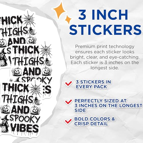 (3 Pack) Thick Thighs Spooky Vibes Decals - Halloween Decal - Witchy Decal - 3 Inches On Longest Side - Easy Peel & Apply - Made in USA - 3MCS4868
