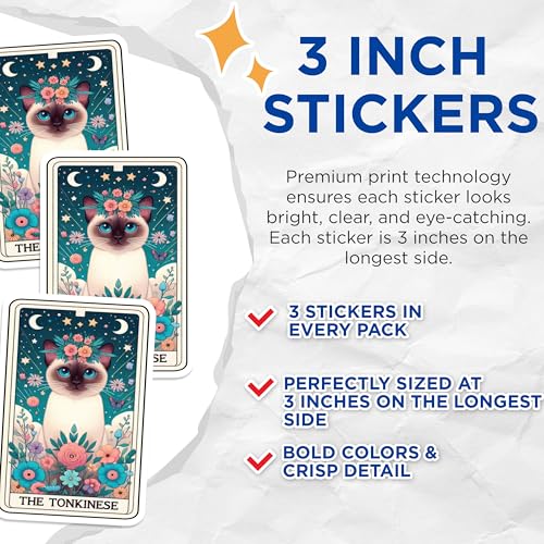 (3 Pack) Tonkinese Cat Decals - Floral Crown Kitty - Laptop Decals - 3 Inches On Longest Side - Easy Peel & Apply - Made in USA - 3MCS4290