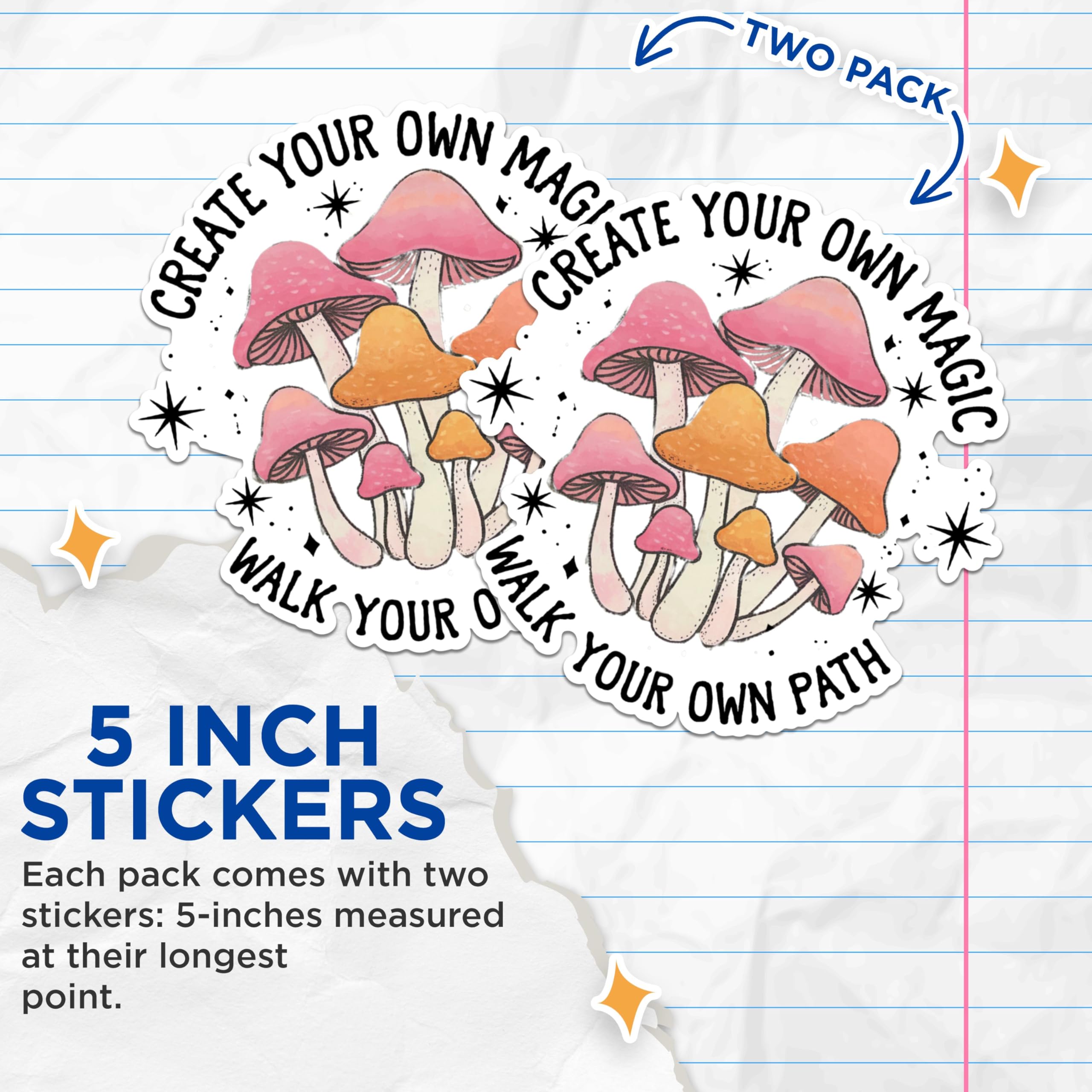 (2 Pack) Magic Mushroom Stickers - Motivational Quote Stickers - Create Your Own Magic and Walk Your Own Path Design - 5" On Longest Side - Sticks to Any Smooth Flat Surface - Made in USA - BMCS2571