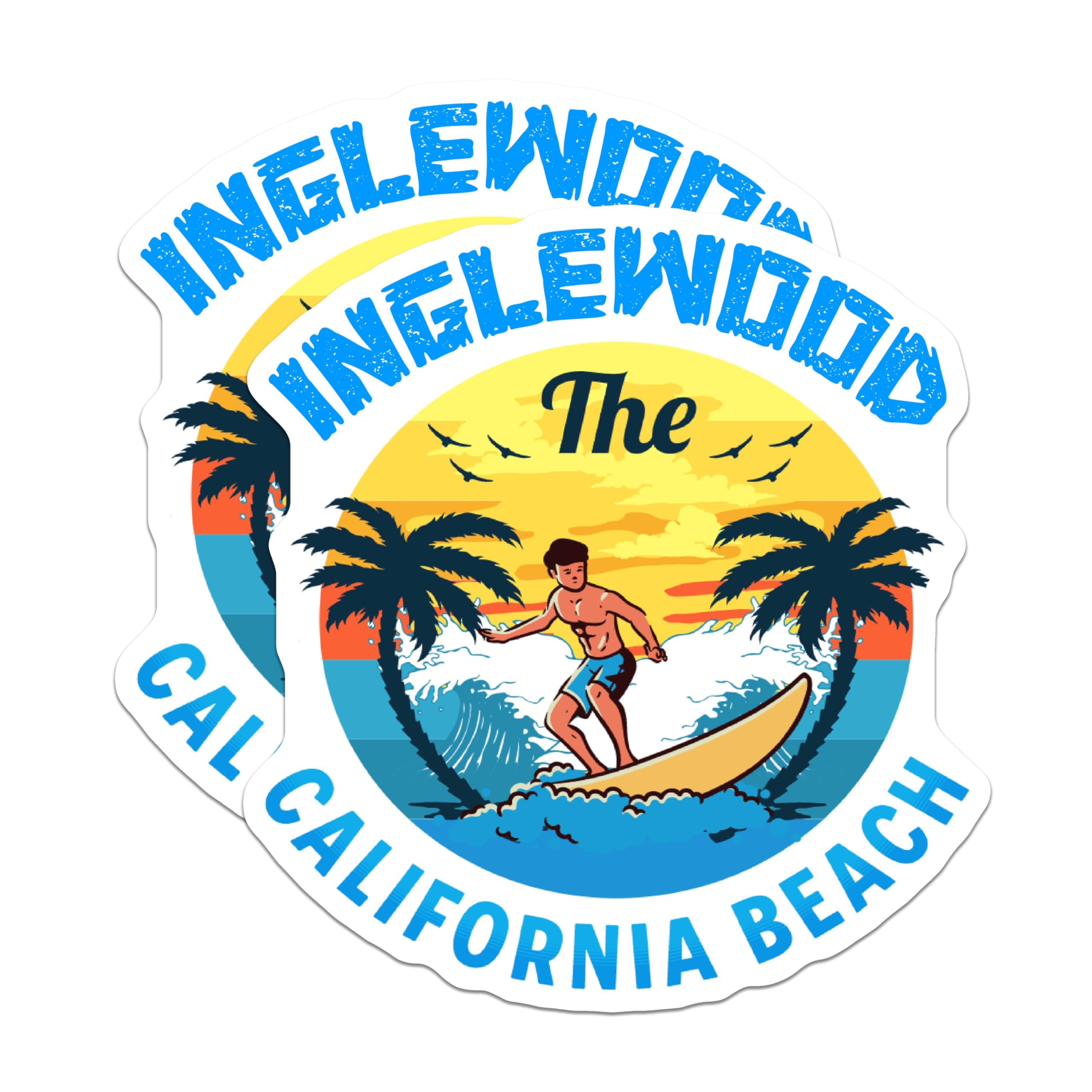 (2 Pack) Inglewood California Surfer Magnets - Beach Life Ocean Wave Art - Palm Tree Sunset Retro Vibe Decor - 5 Inches On Longest Side - Thick Durable Magnet - Made in USA - MAG19197