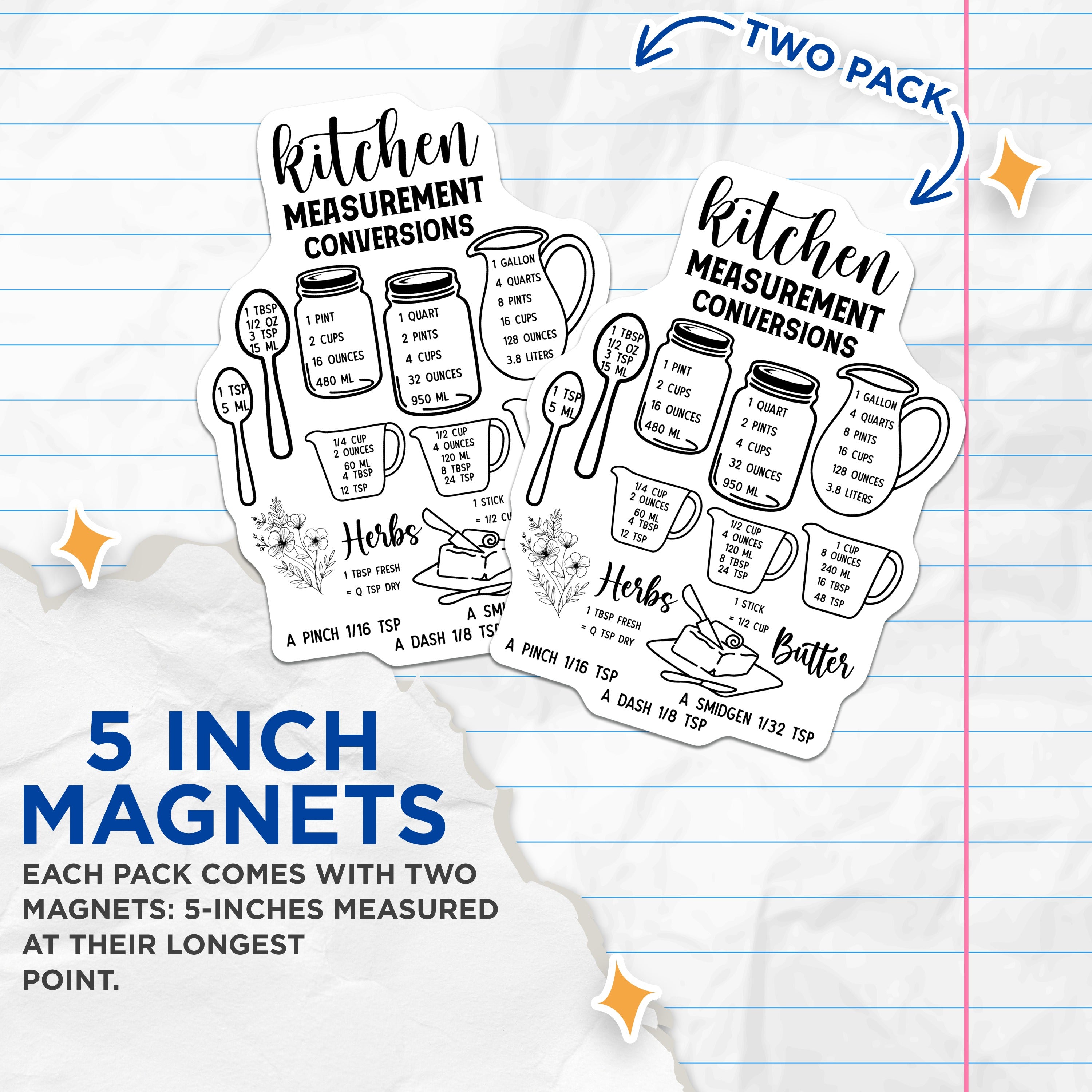 (2 Pack) Kitchen Measurement Conversion Magnets - Baking Conversions - Cooking Cheat Sheet - Refrigerator Helper for Home Cooks - 5" - Thick Durable Magnet - Made in USA - MAG39249