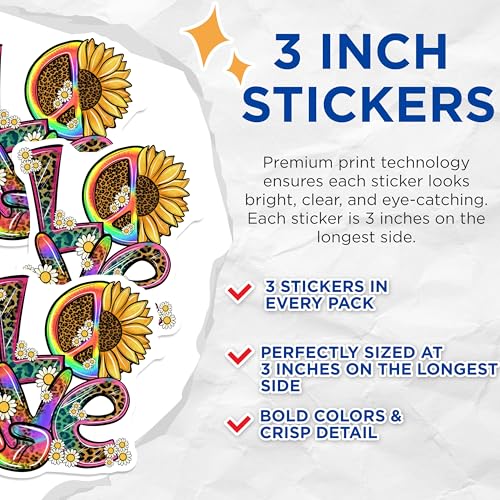 (3 Pack) Love Peace Sign Decals - Leopard Print - Sunflower Laptop Decal - 3 Inches On Longest Side - Easy Peel & Apply - Made in USA - 3MCS4957