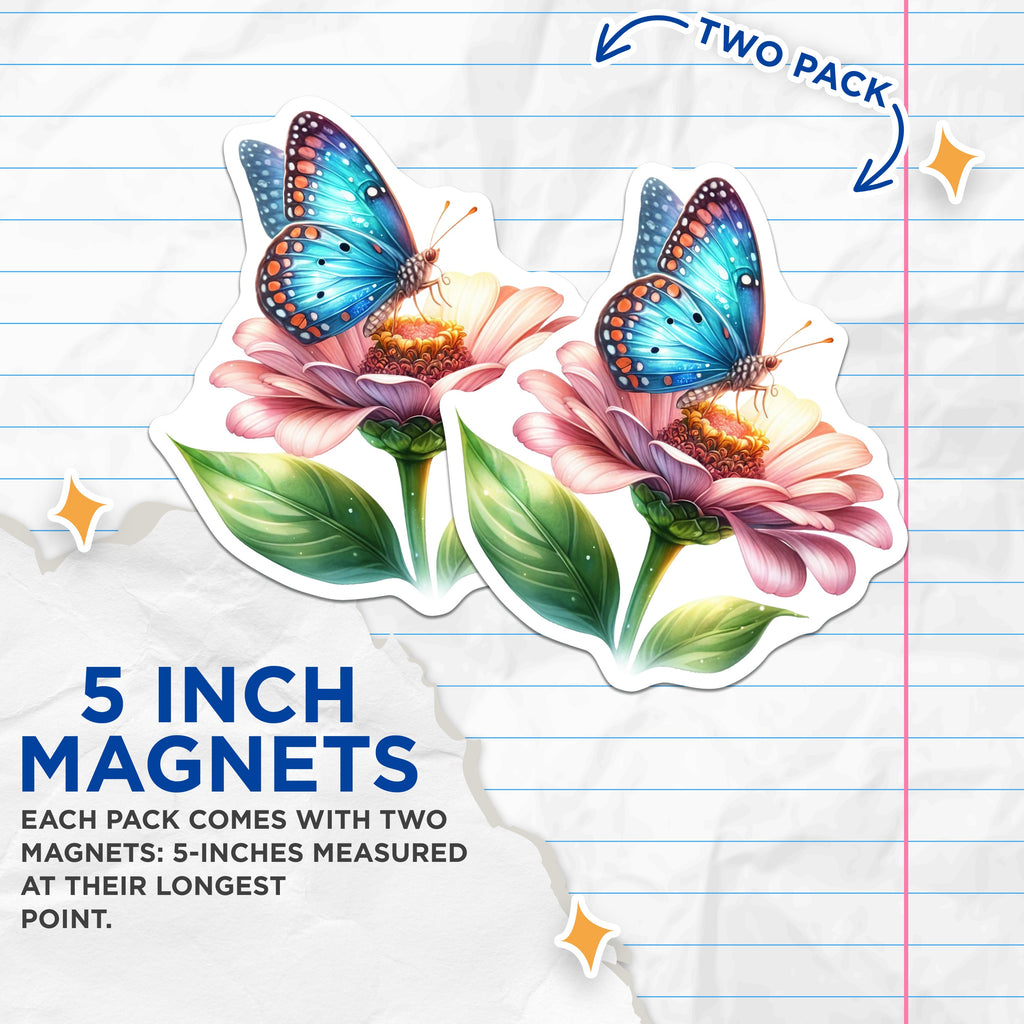 (2 Pack) Blue Butterfly Zinnia Magnets - Vibrant Floral Fridge Decor - Nature Aesthetic Home Art - 5 Inches On Longest Side - Thick Durable Magnet - Made in USA - MAG38610