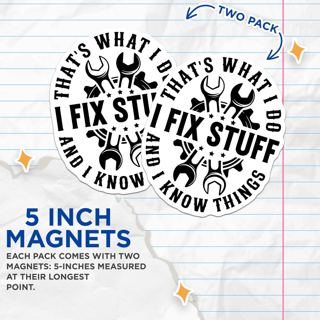 (2 Pack) Fix Stuff Magnets - Handyman Tool Design - Mechanic Fridge Art - 5" On Longest Side - Premium Magnet - for Cars, Refrigerators, Toolboxes, Lockers - Made in USA - MAG16044