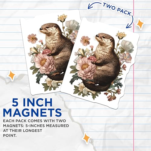 (2 Pack) Otter Floral Magnets - Decorative Animal - Cute Wildlife Illustration - Nature Inspired - 5" On Longest Side - for Cars, Refrigerators, Toolboxes, Lockers - Made in USA BMCS3508