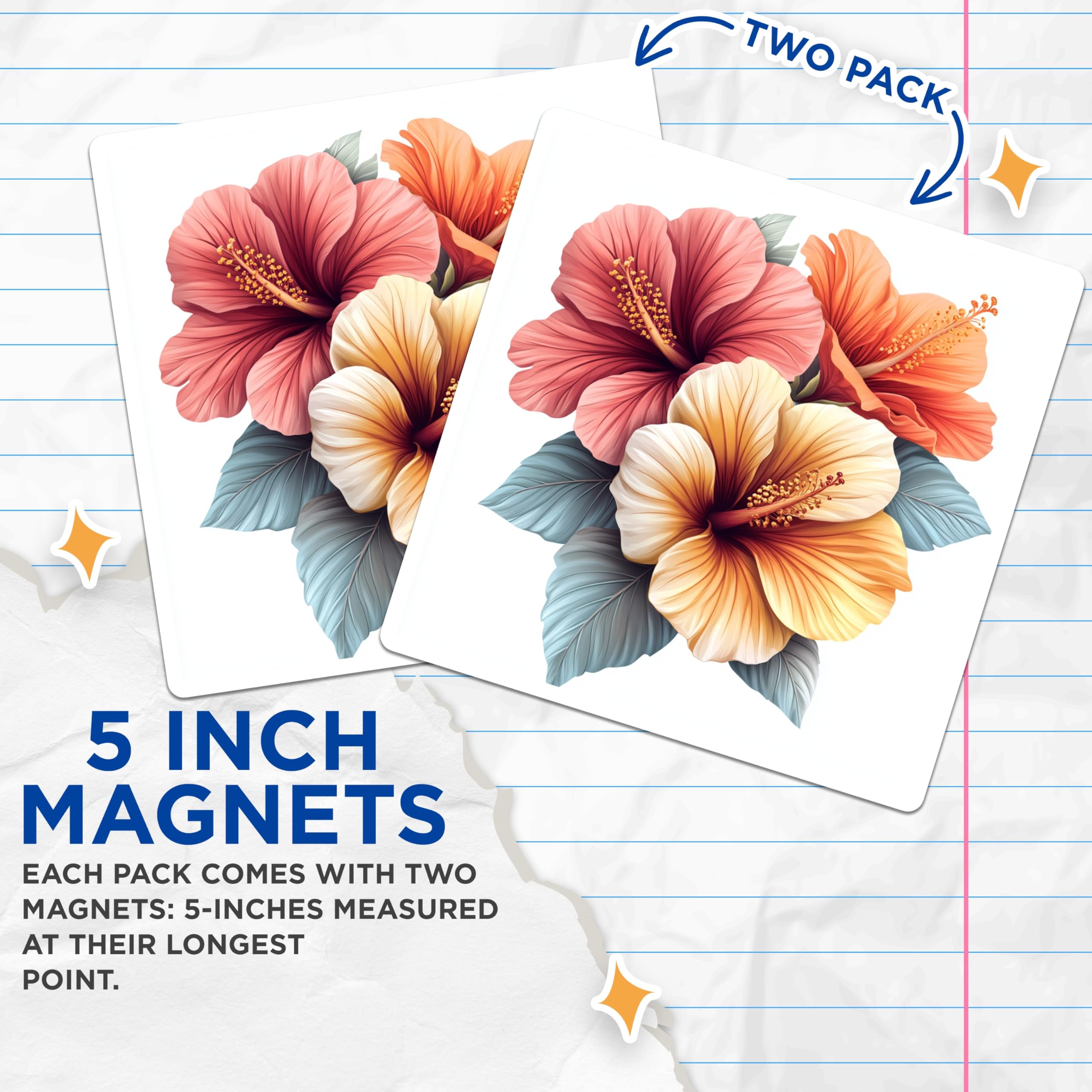 (2 Pack) Tropical Hibiscus Magnets - Floral Refrigerator Decor - Summer Kitchen Art - 5 Inches On Longest Side - Thick Durable Magnet - Made in USA - MAG29875