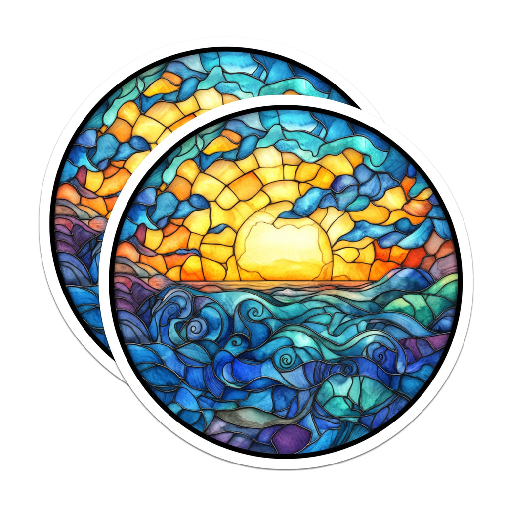 (2 Pack) Stained Glass Ocean Sunset Magnets - Faux Stained Glass Art - Coastal Decor Refrigerator Magnets Artistic Display - 5 Inches On Longest Side - Thick Durable Magnet - Made in USA - MAG28726
