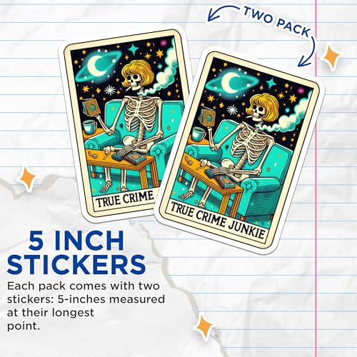 (2 Pack) True Crime Junkie Stickers - Skeleton on Couch Stickers - Retro Crime Theme - 5" On Longest Side - Sticks to Smooth Flat Surfaces - Made in USA - BMCS5525