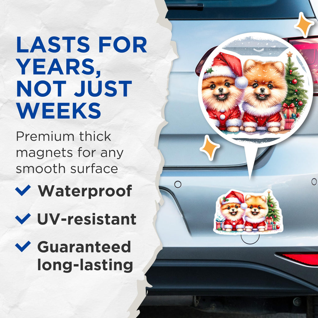 (2 Pack) Cute Pomeranian Christmas Magnets - Holiday Puppy Decor - Festive Dog Lover Fridge Magnet - 5 Inches On Longest Side - Thick Durable Magnet - Made in USA - MAG29245