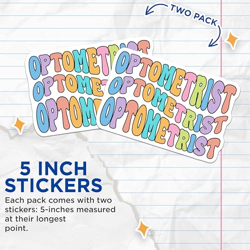 (2 Pack) Optometrist Stickers - Eye Specialist Decals - Colorful Optometry Decor for Notebooks and Water Bottles - 5" On Longest Side - Sticks to Smooth Flat Surfaces - Made in USA - BMCS8092
