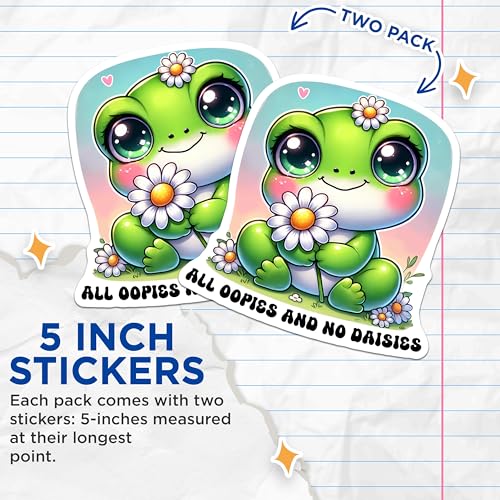 (2 Pack) Cute Frog Stickers - Adorable Animal Art - Cartoon Frog Decal - 5" On Longest Side - Sticks to Smooth Flat Surfaces - Made in USA - BMCS7621