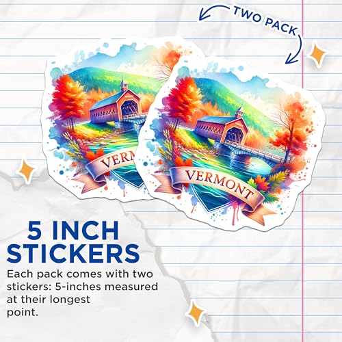 (2 Pack) Vermont Covered Bridge Stickers - Scenic New England - Autumn Landscape Stickers - Travel Art Decals - 5" On Longest Side - Sticks to Smooth Flat Surfaces - Made in USA - BMCS7008
