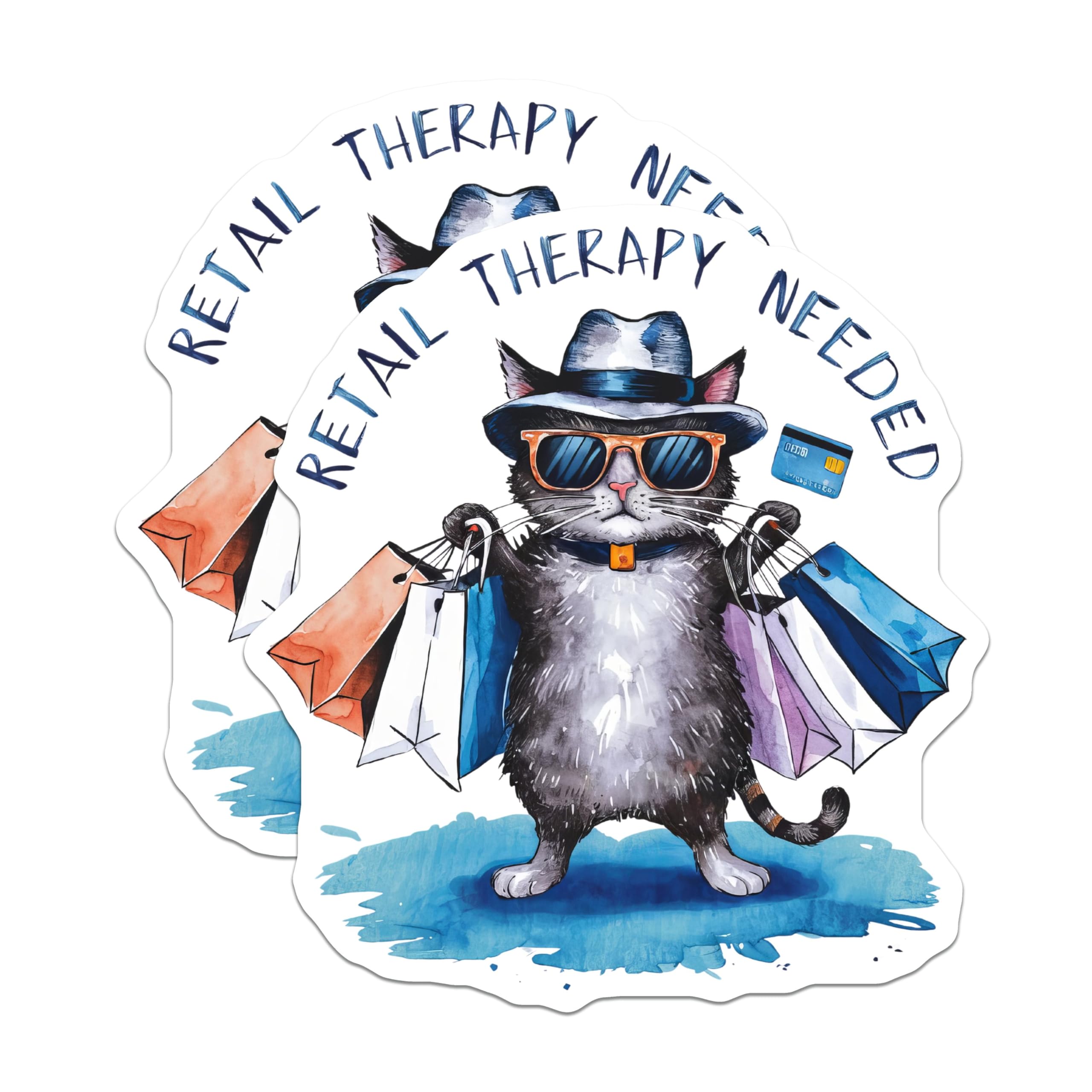 (2 Pack) Retail Therapy Needed Stickers - Funny Cat Shopping Sticker - Humorous Cat Sticker for Planners and Laptops - 5" On Longest Side - Sticks to Smooth Flat Surfaces - Made in USA - BMCS9171