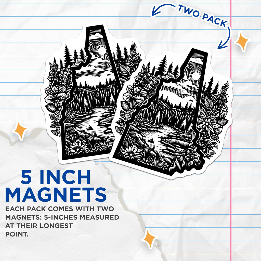 (2 Pack) New Hampshire Magnets - NH State Outline Mountain Lake Forest Nature Art - Outdoor Adventure Wilderness Canoe Scene - 5 Inches On Longest Side - Thick Durable Magnet - Made in USA - MAG22370