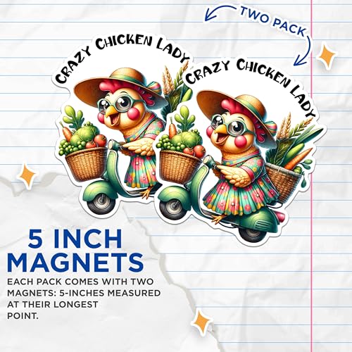 (2 Pack) Crazy Chicken Lady Magnets - Funny Farm Animal Magnets - Kitchen Refrigerator Decor- 5" On Longest Side - for Fridges, Toolboxes, Cars - Made in USA - MAG2923