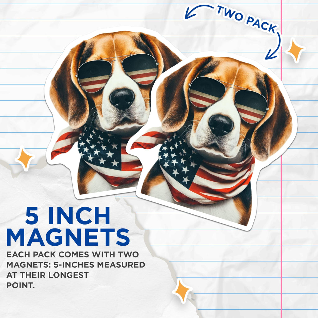 (2 Pack) Beagle Dog Magnets - Patriotic Bandana - USA Flag Sunglasses Decals - 5" On Longest Side - Premium Magnet - for Cars, Refrigerators, Toolboxes, Lockers - Made in USA - MAG15791
