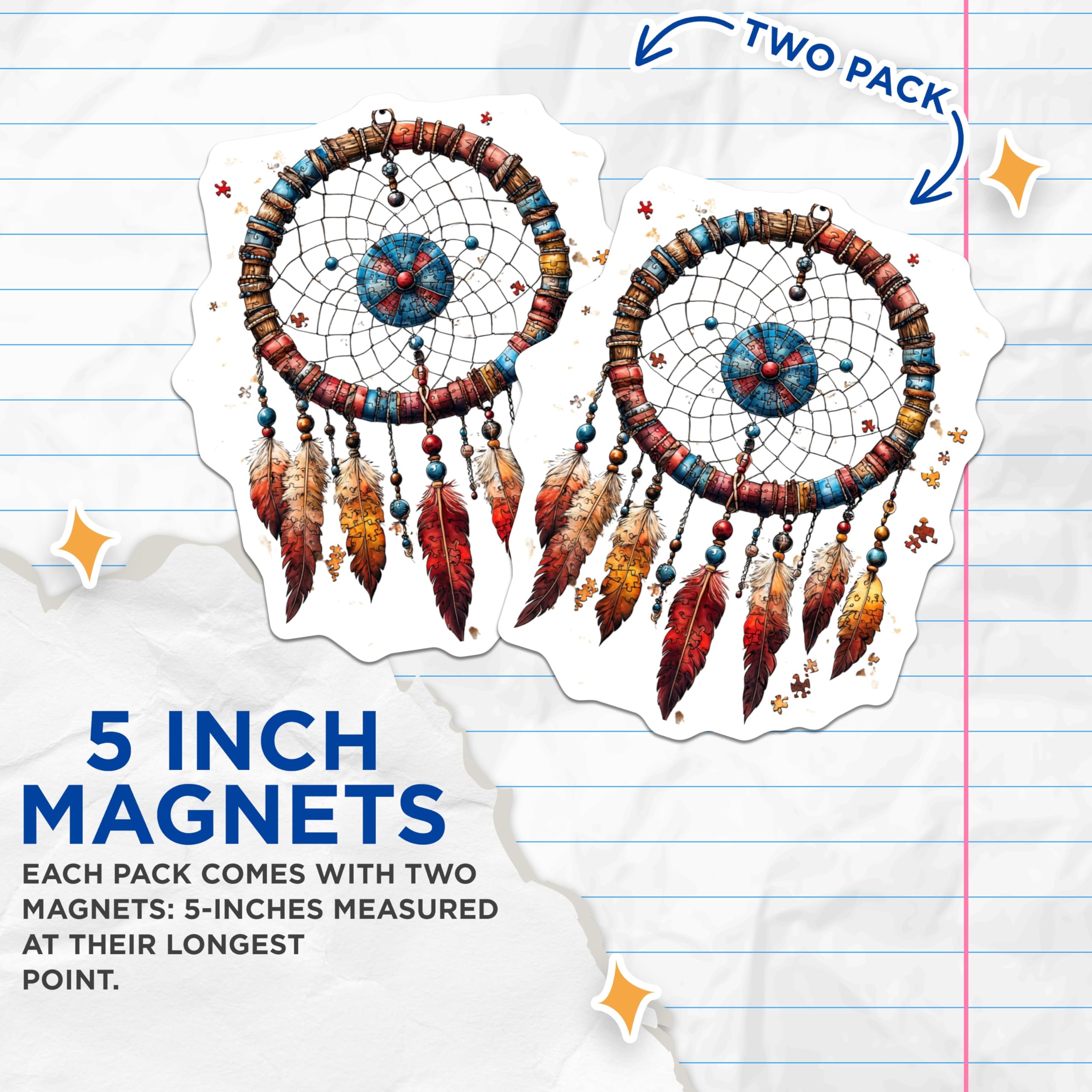 (2 Pack) Dreamcatcher Magnets - Intricate Puzzle Art Bohemian Decor - Spiritual Fridge Accent - Unique Home Decoration - 5 Inches On Longest Side - Thick Durable Magnet - Made in USA - MAG23768