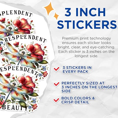 (3 Pack) Dragonfly Decals - Floral Laptop Decal - Resplendent Beauty Stickers - 3 Inches On Longest Side - Easy Peel & Apply - Made in USA - 3MCS1512