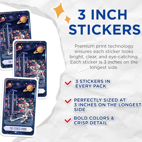 (3 Pack) Fitness Phobe Decals - Skeleton Workout - Funny Gym Humor - 3 Inches On Longest Side - Easy Peel & Apply - Made in USA - 3MCS8750
