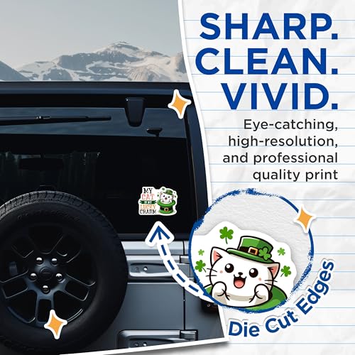 (2 Pack) Cat Lucky Charm Stickers - Funny Quotes Cute Designs - 5" On Longest Side - Sticks to Smooth Flat Surfaces - Made in USA - BMCS8096