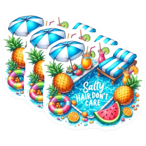 (3 Pack) Salty Hair Decals - Summer Poolside Sticker - Vacation Vibes - 3 Inches On Longest Side - Easy Peel & Apply - Made in USA - 3MCS8048