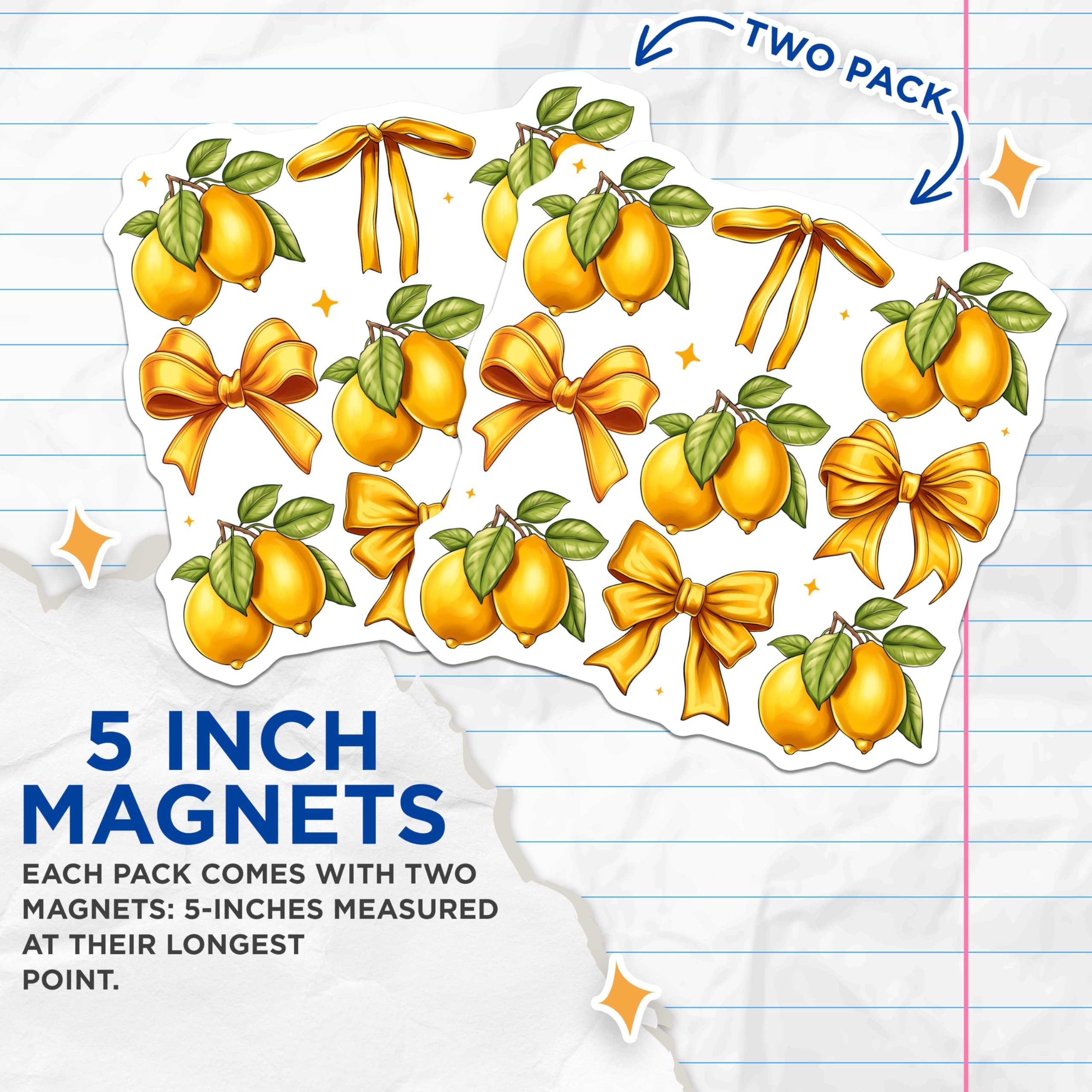 (2 Pack) Lemon Magnets with Bows - Citrus Kitchen Decor - Summer Fridge Accessory - Fruit Lover Item - 5 Inches On Longest Side - Thick Durable Magnet - Made in USA - MAG25731