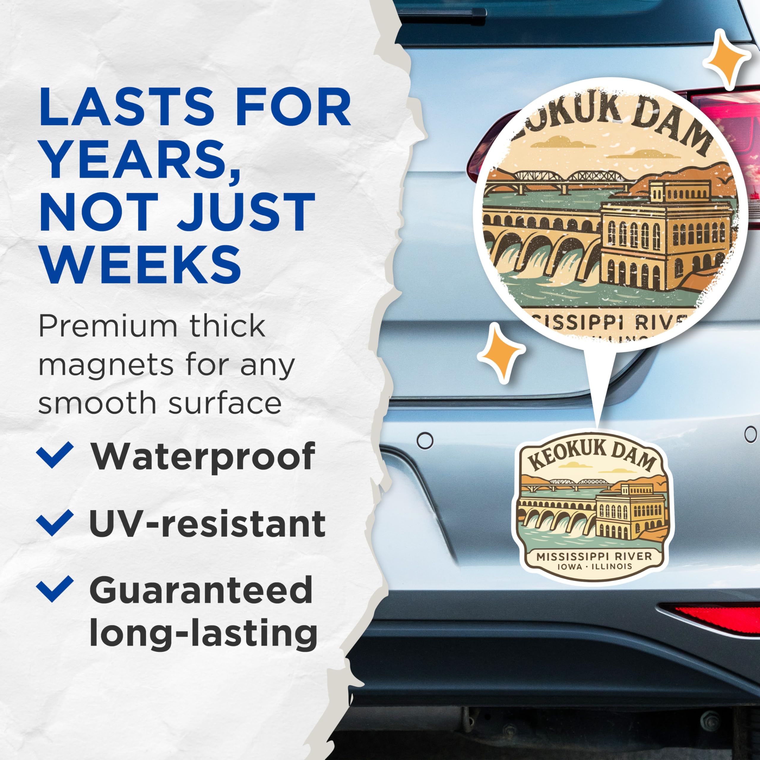 (2 Pack) Keokuk Dam Magnets - Historic Mississippi River Landmark - Iowa Illinois Travel Souvenir - Vintage Midwest Art - 5 Inches On Longest Side - Thick Durable Magnet - Made in USA - MAG19734