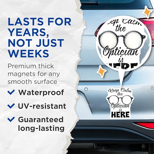 (2 Pack) Keep Calm The Optician is Here Magnets - Funny Optician Quote - Eye Doctor Decor - 5" On Longest Side - for Cars, Fridges, Toolboxes - Made in USA - MAG8077