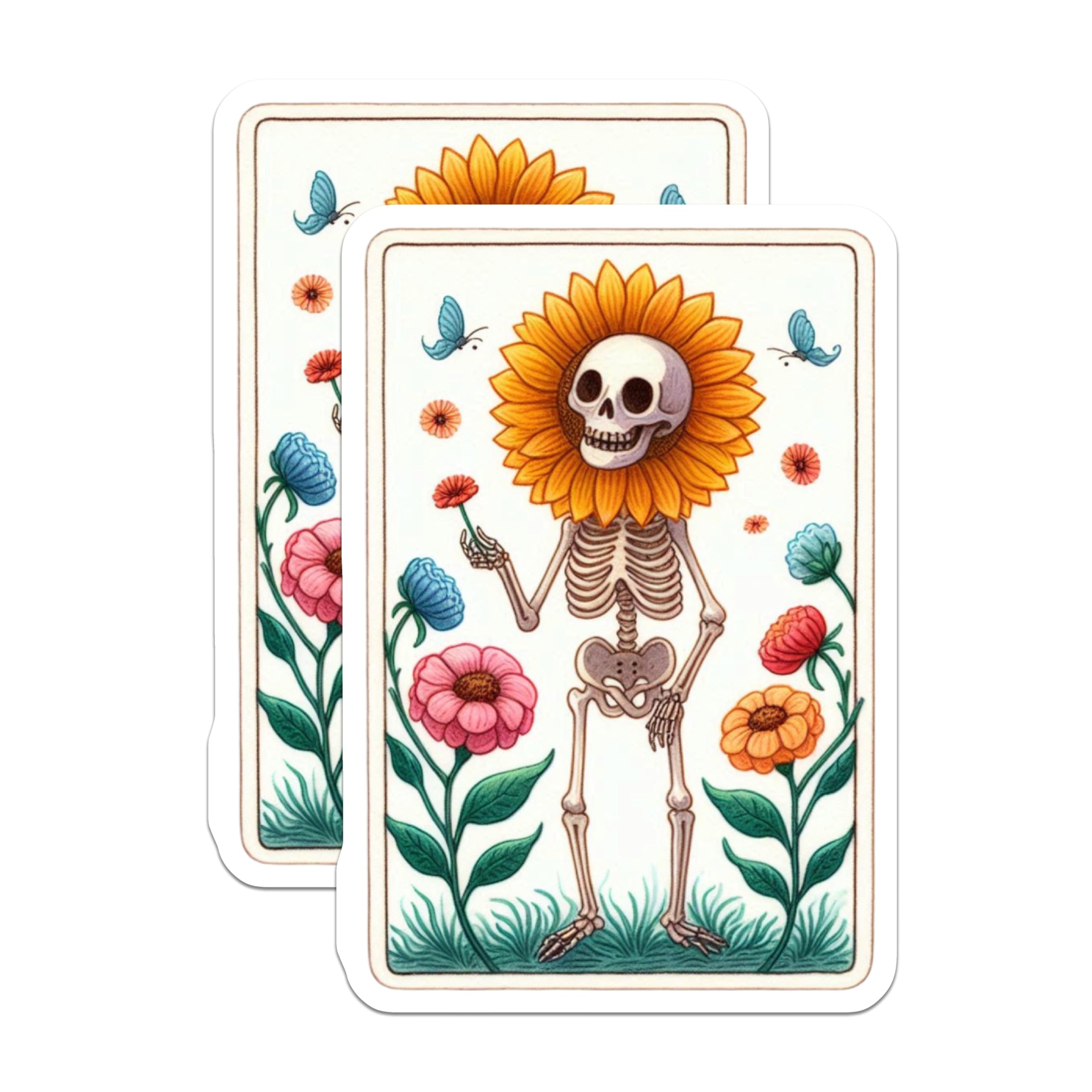(2 Pack) Sunflower Skeleton Magnets - Floral Whimsical Decor - Unique Artistic Fridge Art - 5 Inches On Longest Side - Thick Durable Magnet - Made in USA - MAG22955