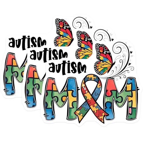 (3 Pack) Autism Mom Decals - Awareness Butterfly - Jigsaw Ribbon - 3 Inches On Longest Side - Easy Peel & Apply - Made in USA - 3MCS7198