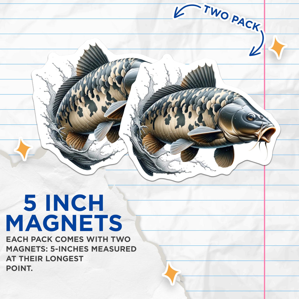 (2 Pack) Jumping Carp Fish Magnets - Freshwater Angler Decor - Refrigerator Locker Art - 5 Inches On Longest Side - Thick Durable Magnet - Made in USA - MAG22421