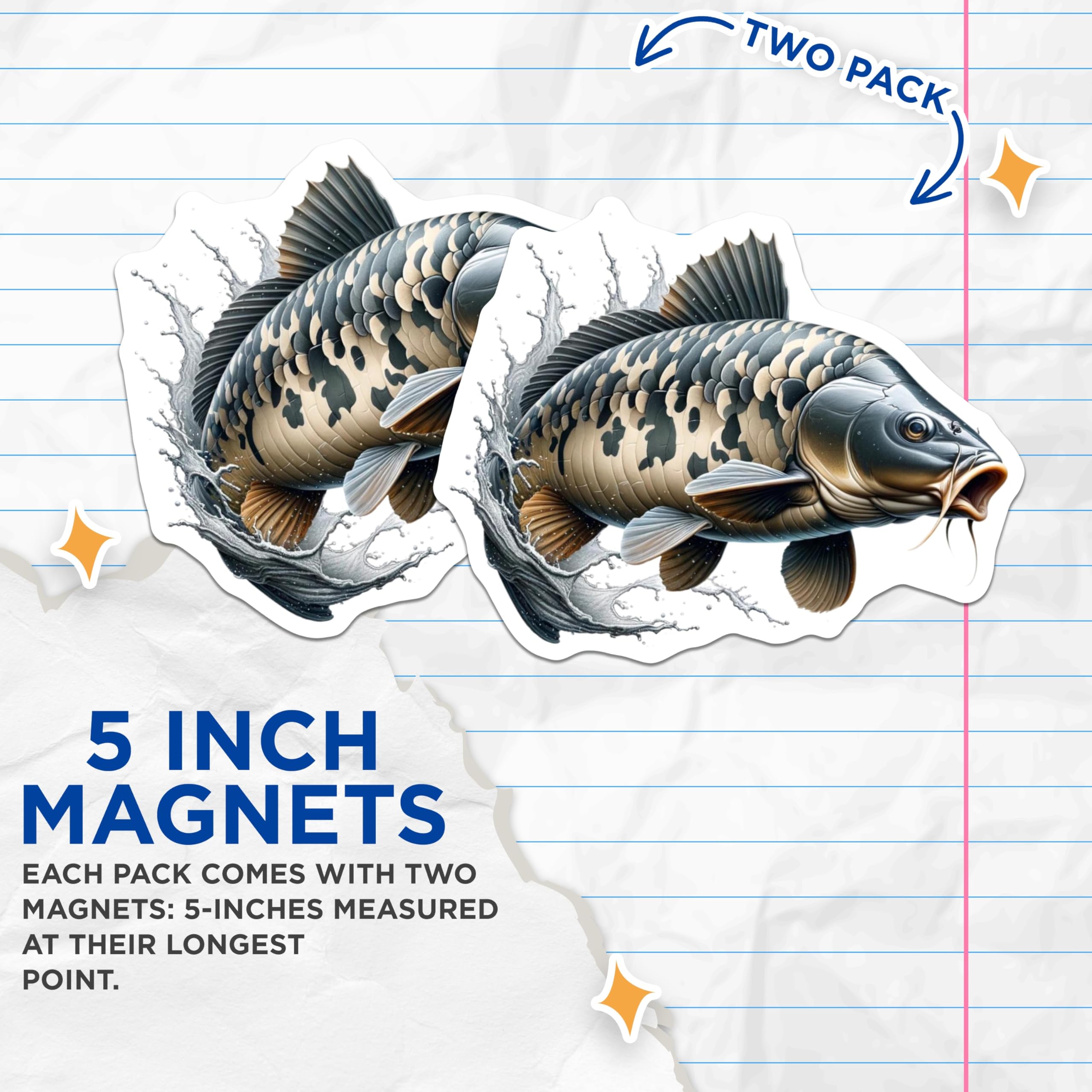 (2 Pack) Jumping Carp Fish Magnets - Freshwater Angler Decor - Refrigerator Locker Art - 5 Inches On Longest Side - Thick Durable Magnet - Made in USA - MAG22421