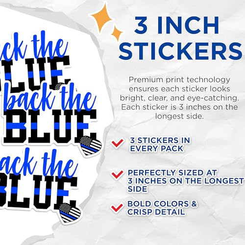 (3 Pack) Back The Blue Decals - Police Support - Thin Blue Line Decal - 3 Inches On Longest Side - Easy Peel & Apply - Made in USA - 3MCS1311