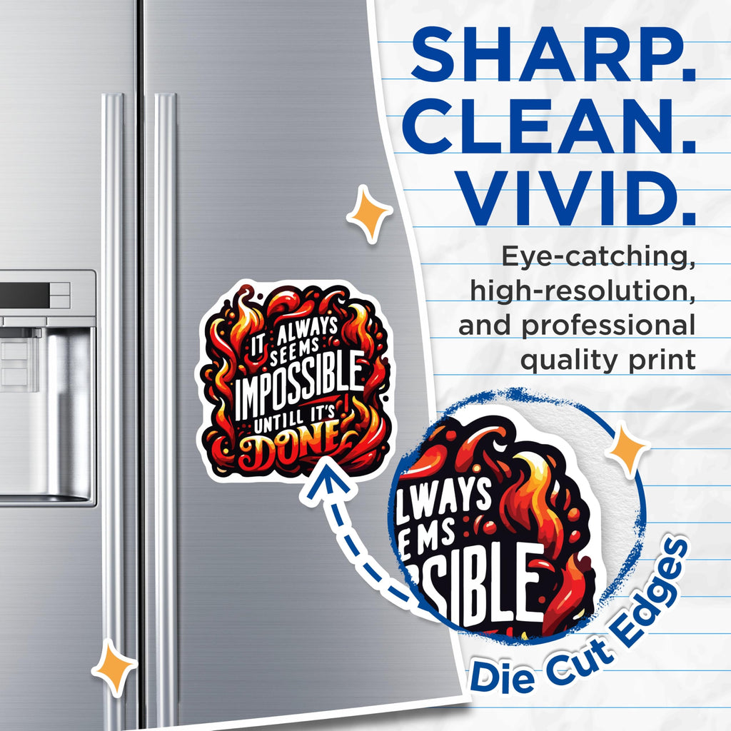 (2 Pack) Impossible Until Done Magnets - Motivational Quote Decor - Inspirational Fire Art for Goals - 5 Inches On Longest Side - Thick Durable Magnet - Made in USA - MAG20125