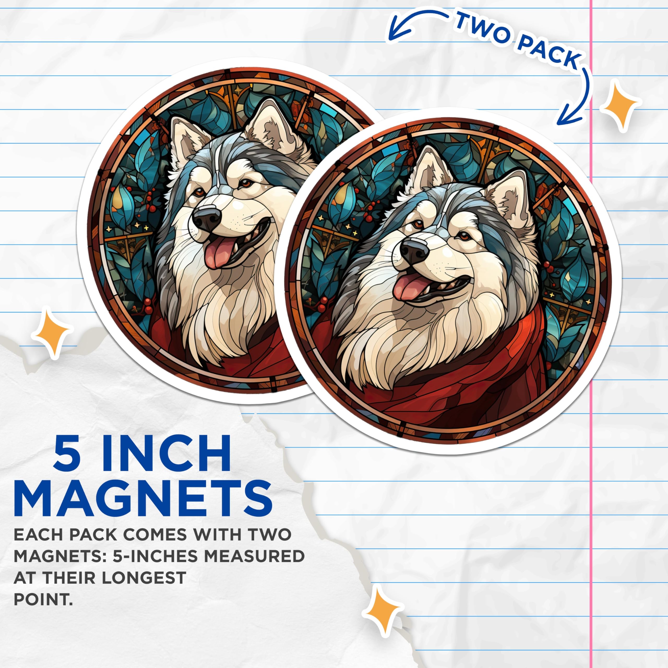 (2 Pack) Stained Glass Husky Magnets - Dog Lover Kitchen Decor - Pet Owner Refrigerator Art - Dog Mom Pet Parent Keepsake - 5 Inches On Longest Side - Thick Durable Magnet - Made in USA - MAG26787