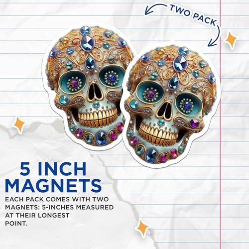 (2 Pack) Sugar Skull Magnets Magnets - 5" On Longest Side - Made in USA - Sticks to Refrigerators & Metal Surfaces - MAG8607