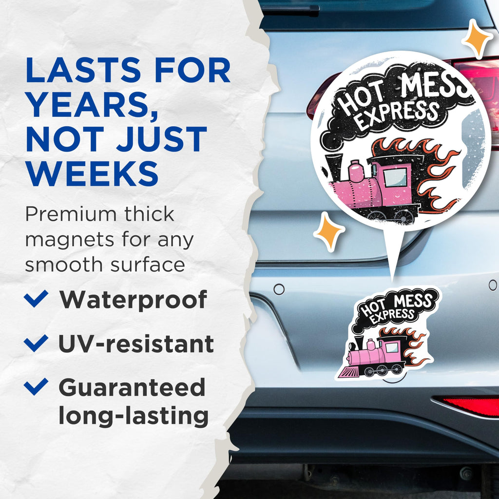 (2 Pack) Hot Mess Express Magnets - Funny Pink Train Locomotive Refrigerator Decor - Sarcastic Humor Kitchen Locker Organizer - 5 Inches On Longest Side - Thick Durable Magnet - Made in USA - MAG20519